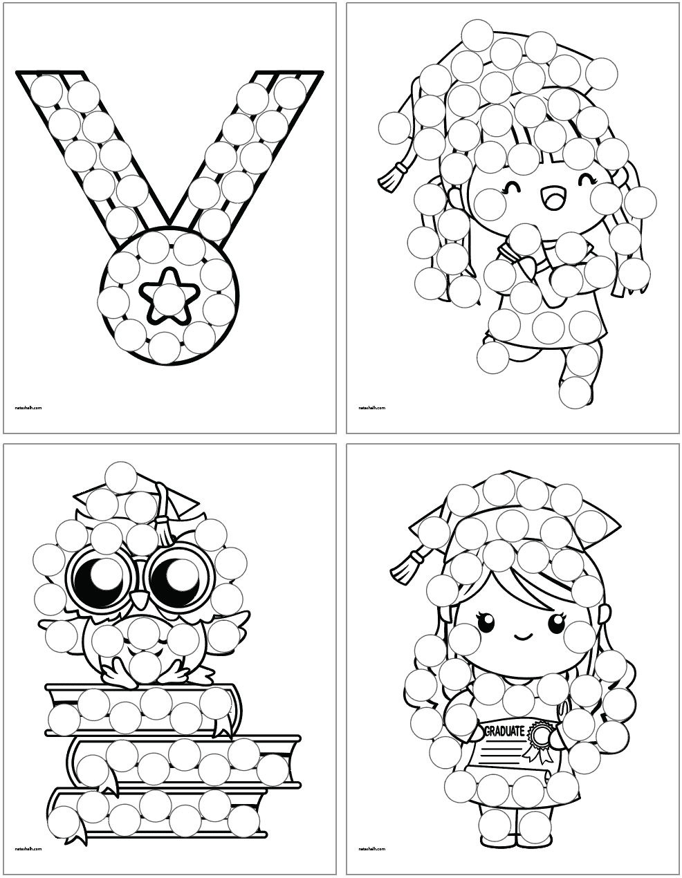 A preview of four preschool/kindergarten graduation dot marker pages. One has a medal, one a girl with a diploma, another an owl with books, and another shows a girl holding a certificate. 