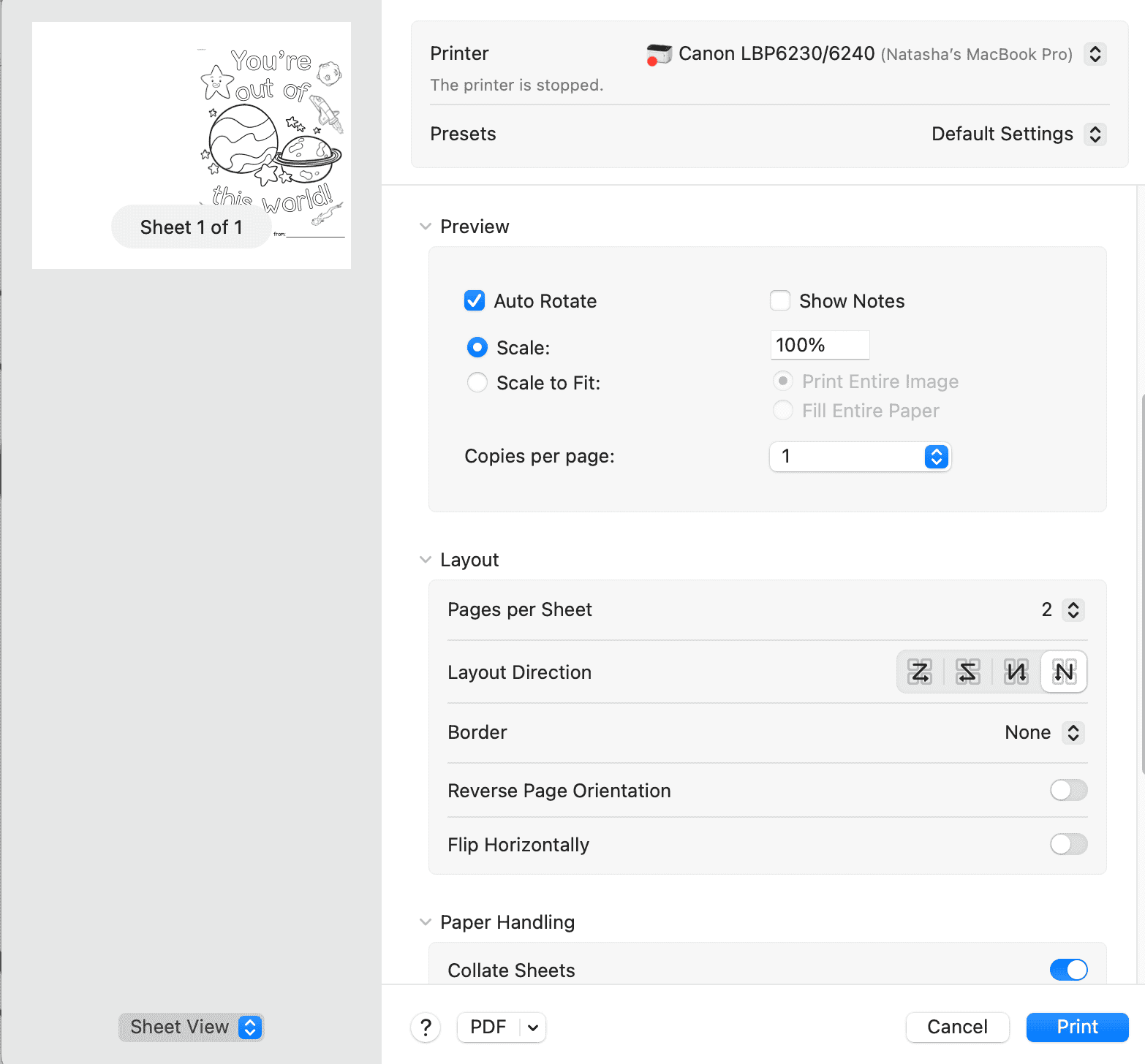 a print dialogue box showing how to print a single coloring page as a fold over card in Mac Preview