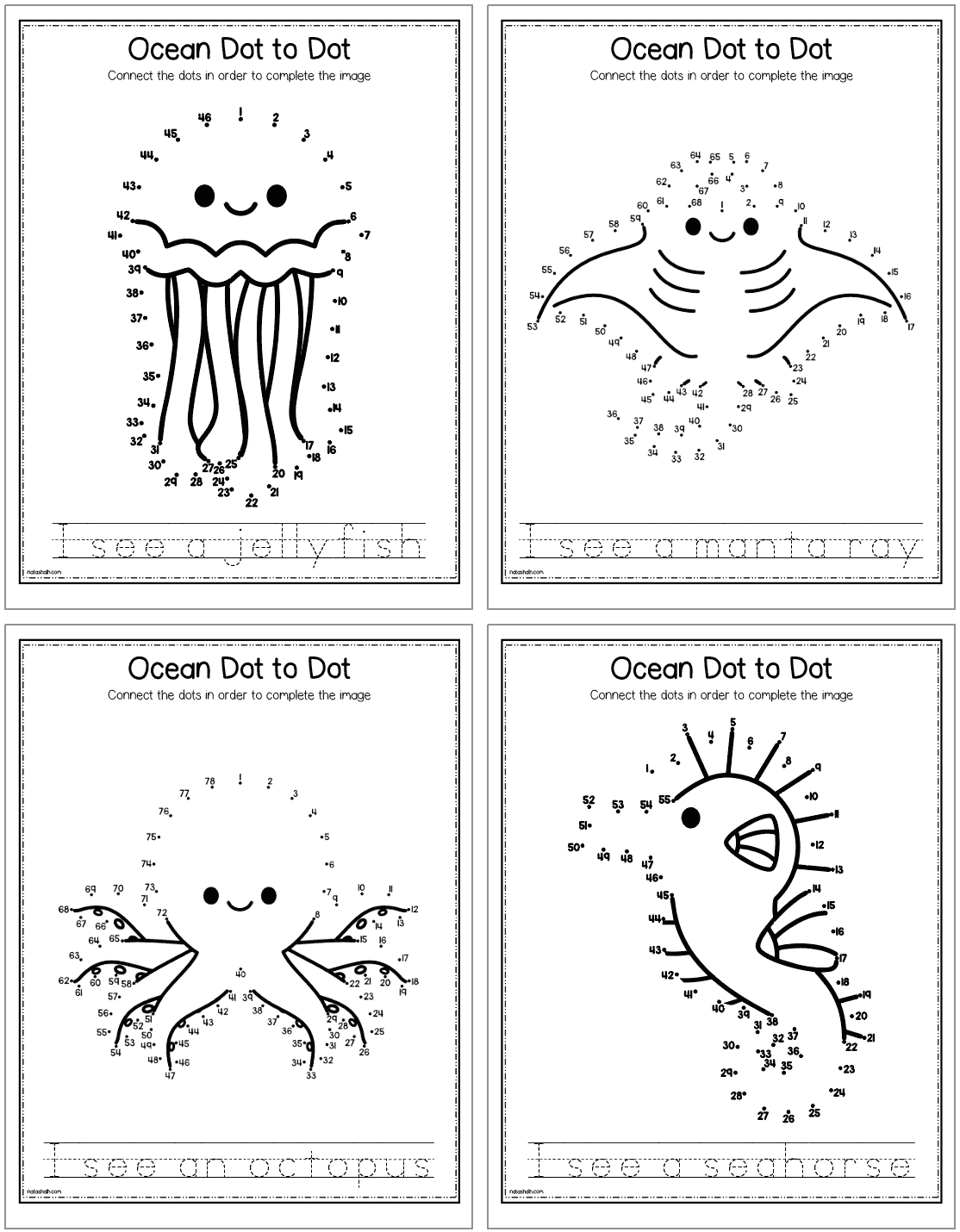A preview of four ocean animal themed connect the dots pages. Animals featured include: jellyfish, manta ray, octopus, seahorse