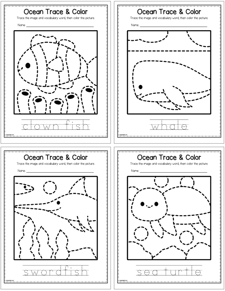 Ocean Animals Tracing and Coloring Pages - The Artisan Life