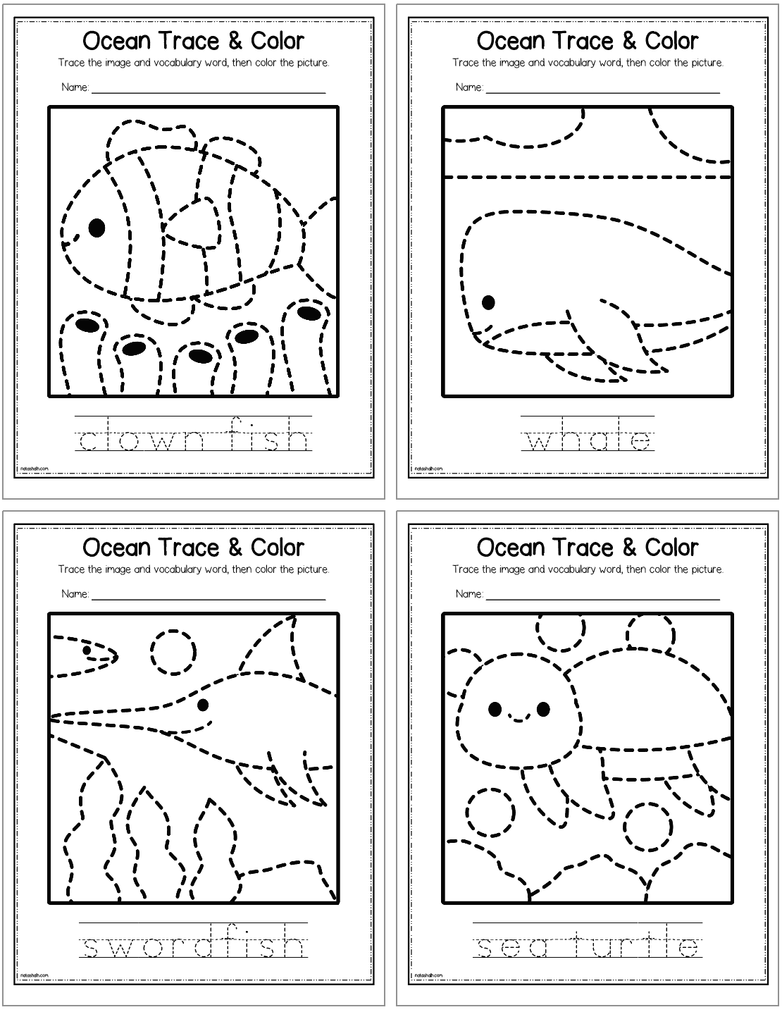 A preview of four ocean animal themed tracing and coloring pages for kids. Animals include: clown fish, whale, swordfish, and sea turtle