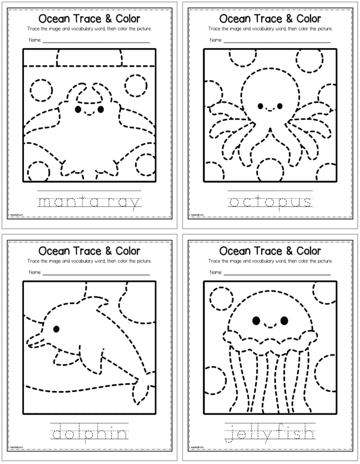 Ocean Animals Tracing and Coloring Pages - The Artisan Life