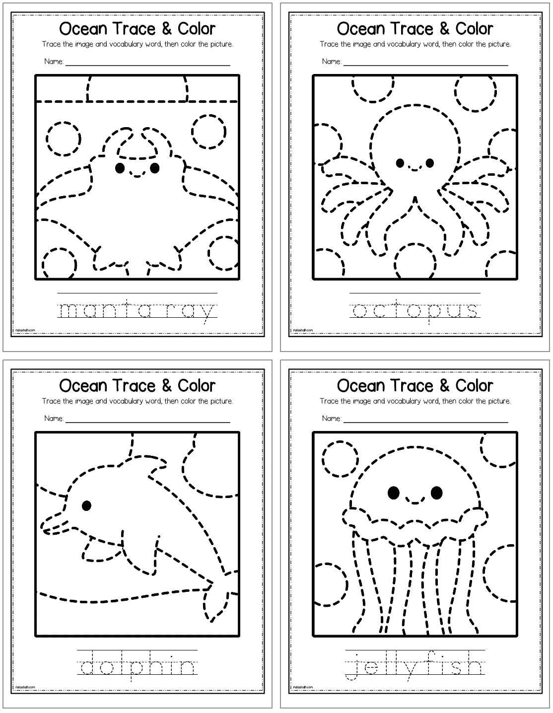 A preview of four ocean animal themed tracing and coloring pages for kids. Animals include: manta ray, octopus, dolphin, and jellyfish