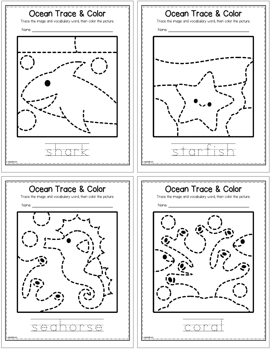 A preview of four ocean animal themed tracing and coloring pages for kids. Animals include:  shark, starfish, seahorse, and coral.
