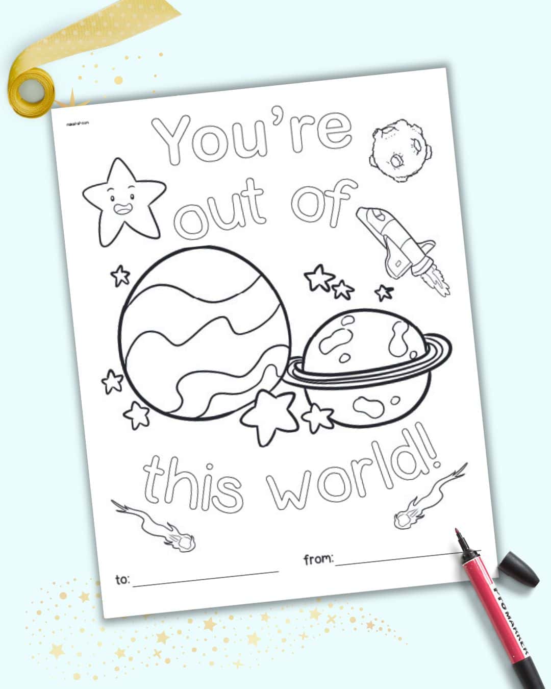 A preview of a coloring page with an outer space theme and the text "You're out of this world!"