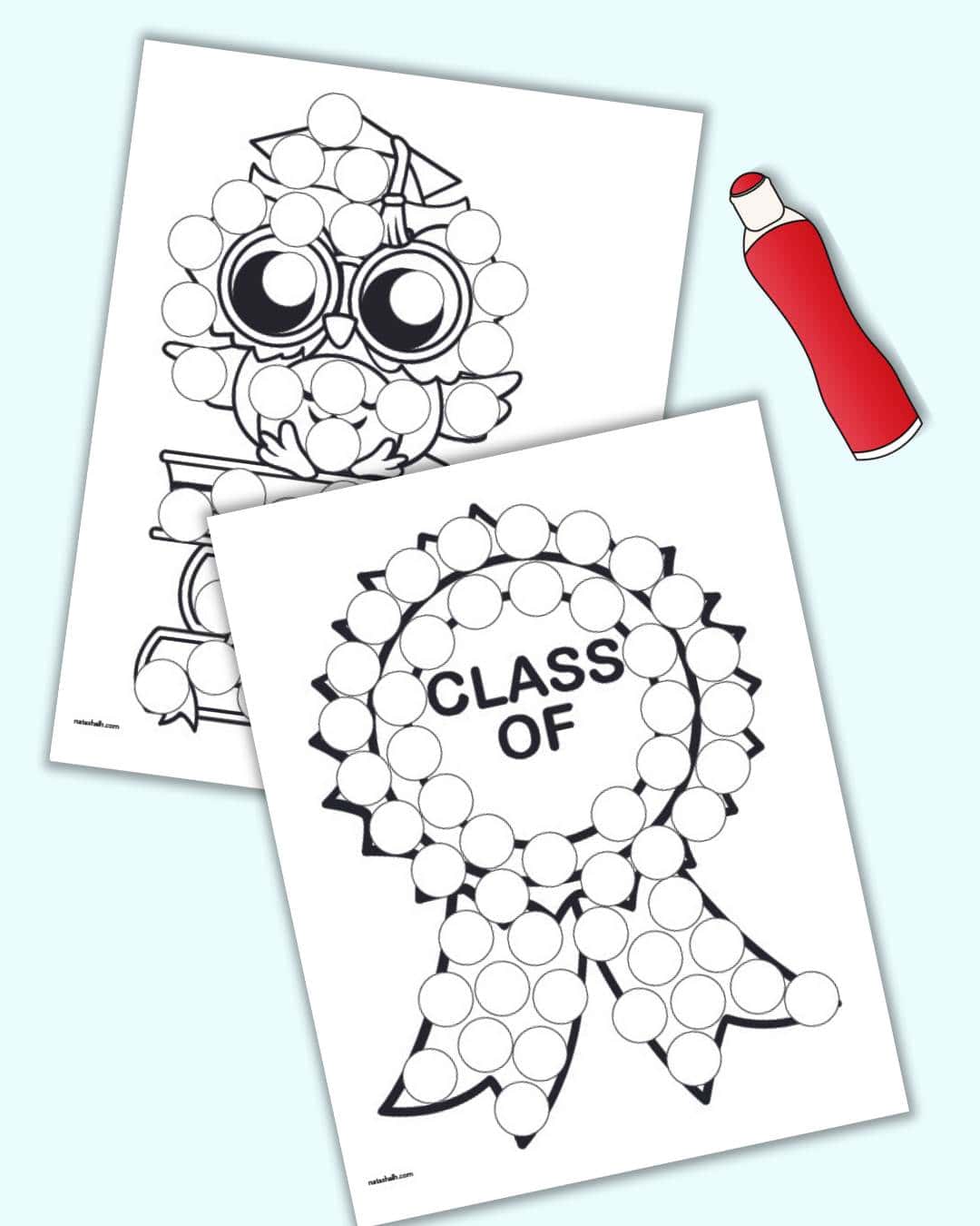 A preview of two preschool/graduation dot marker coloring pages for kids
