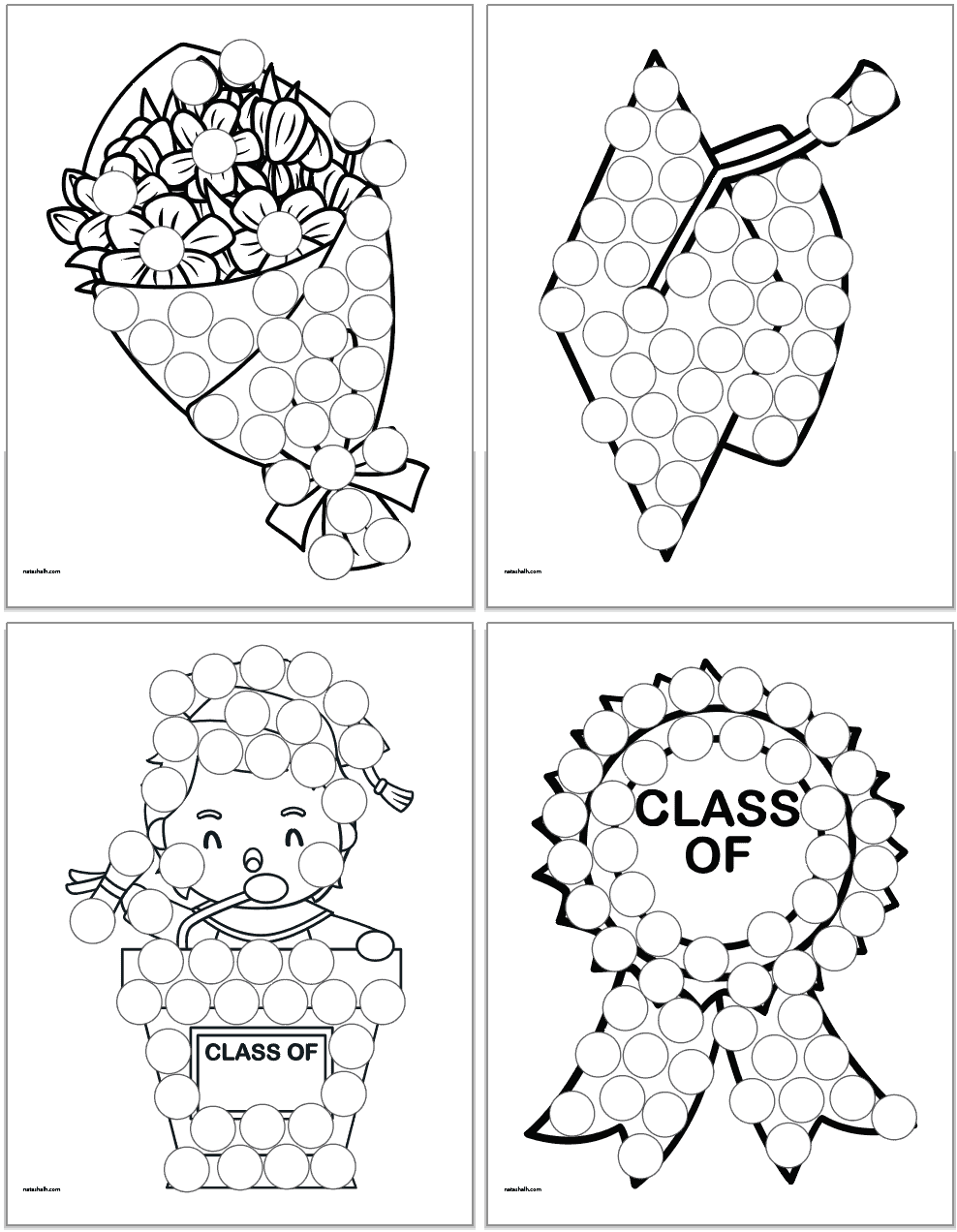 A preview of four preschool/kindergarten graduation dot marker pages. Pages show: a bouquet, a mortar board, a boy at a podium, and an award ribbon