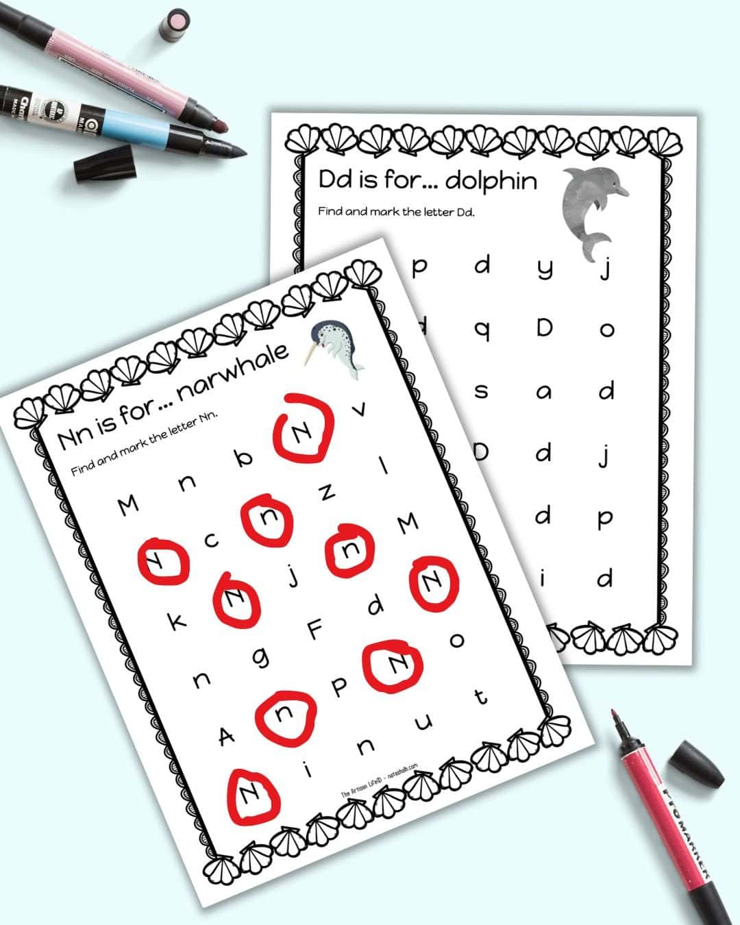 A preview of two ocean themed alphabet letter find worksheets. The page on top has letters N and n circled in red