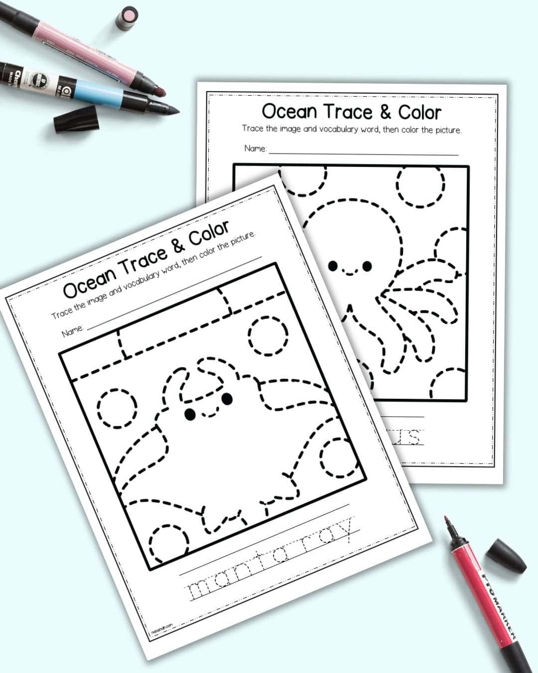 A preview of two ocean themed tracing and coloring pages for kindergarten students. One shows a manta ray and the other an octopus.