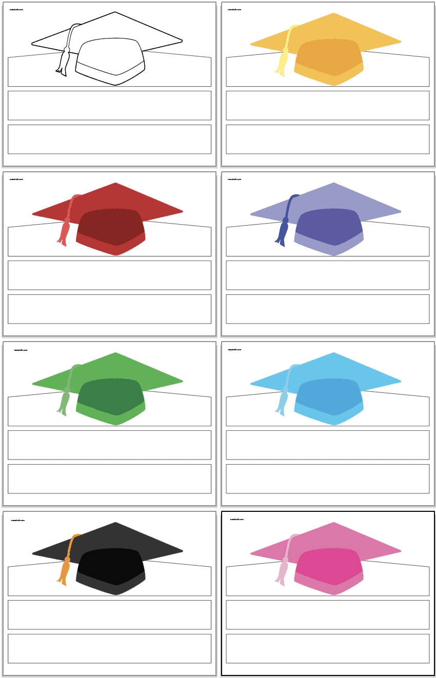 A preview of eight different colors of printable graduation cap craft for preschool and kdinergarten
