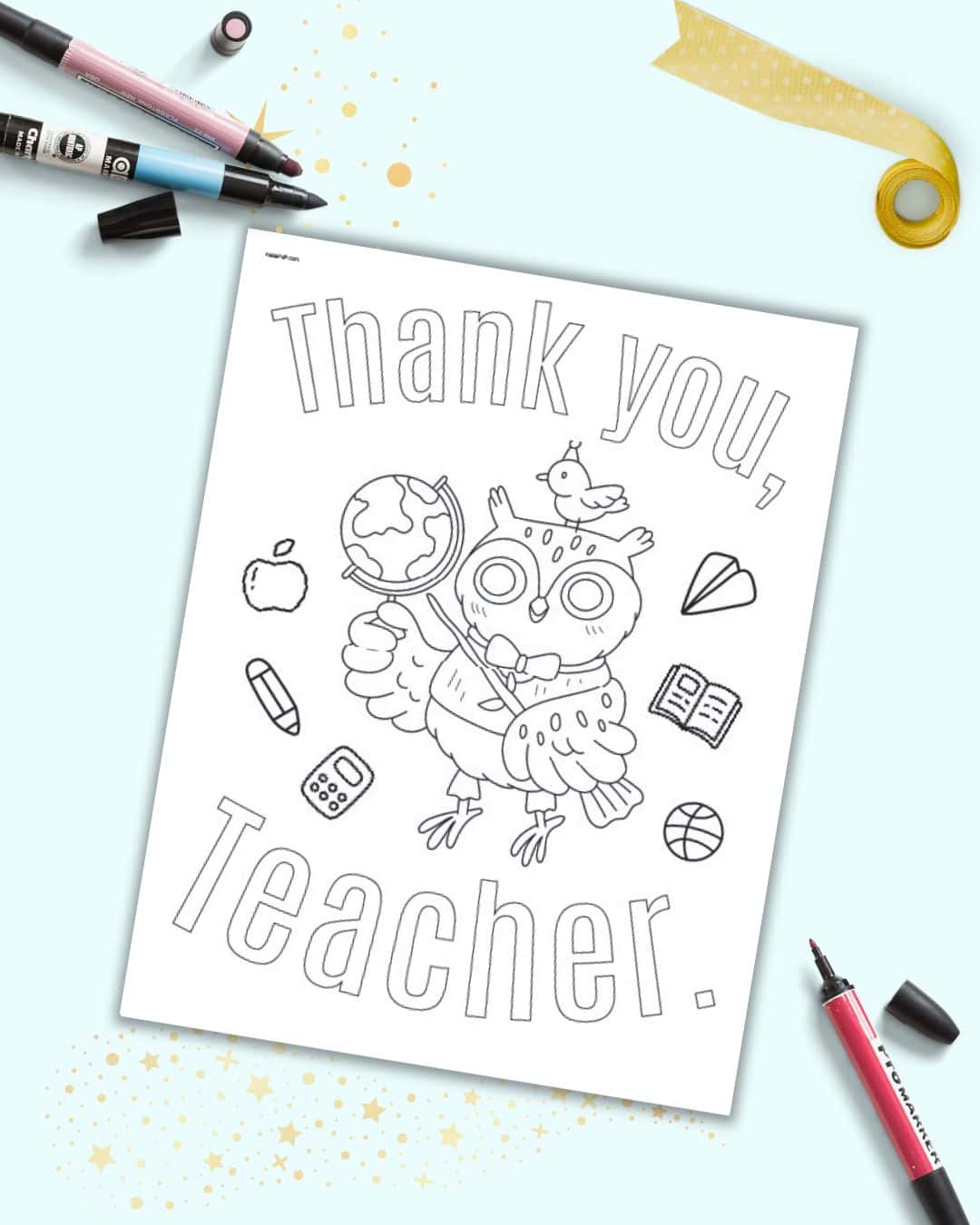 A preview of a coloring page with an owl as a teacher and the text "thank you, Teacher"
