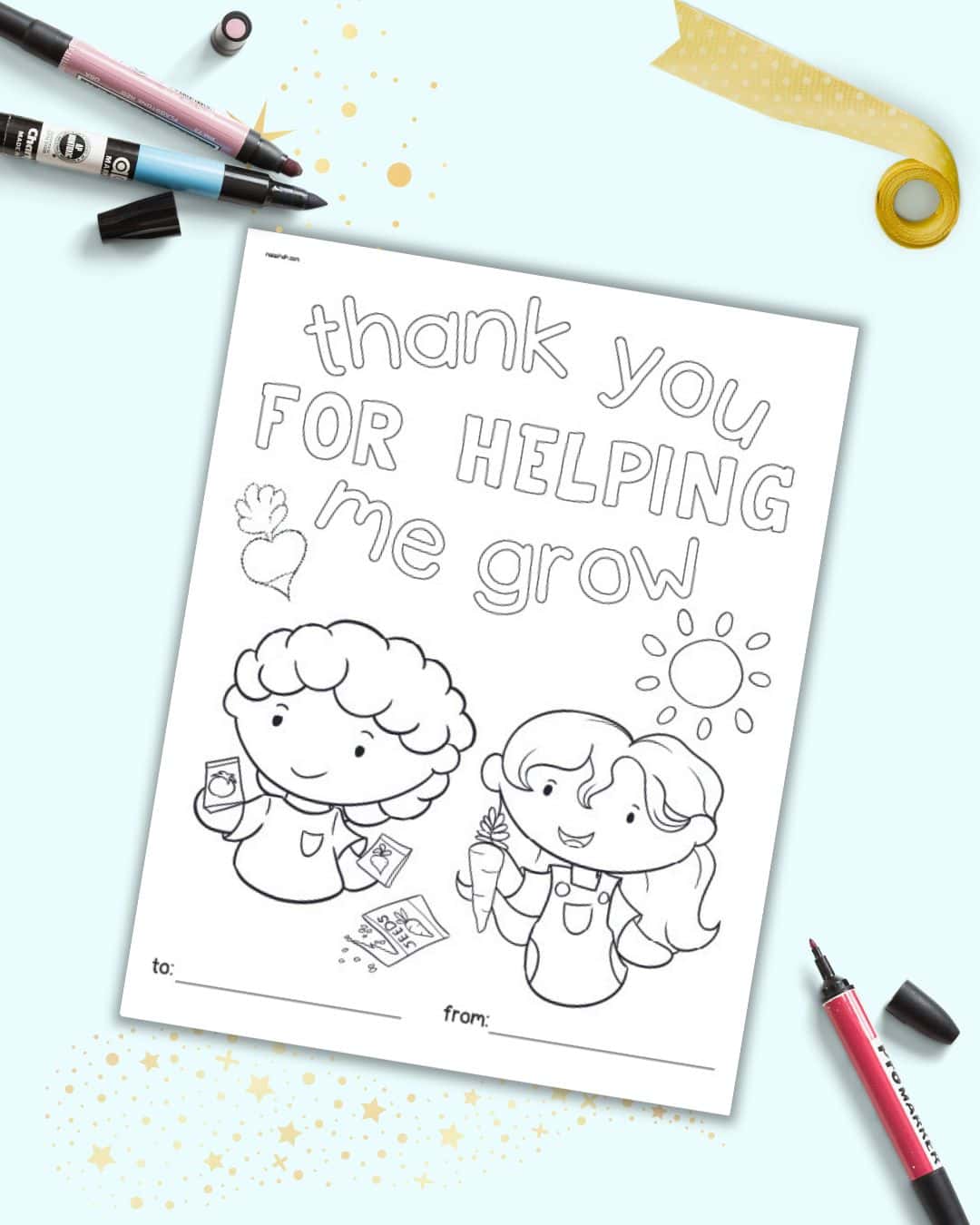 A preview of a coloring page with teh text "thank you for helping me grow!"