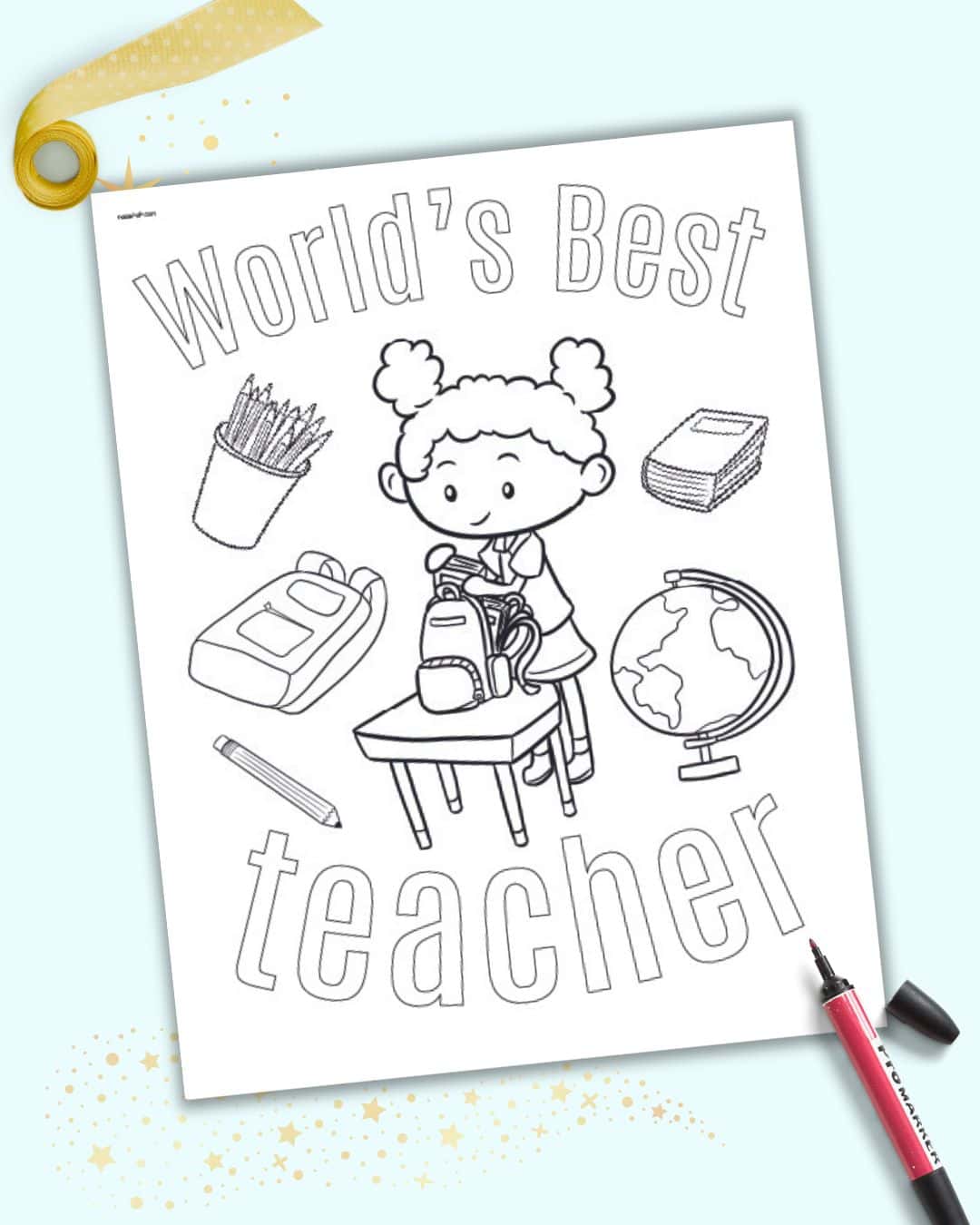 a coloring page with a girl at her desk and the text "world's best teacher"