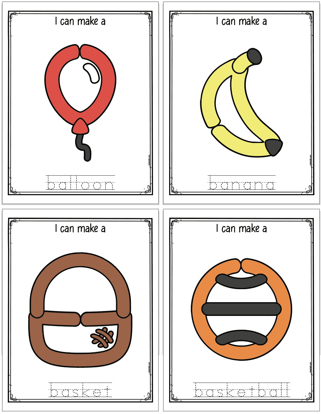 A preview of four play dough activity mats with images starting with the letter B. Mats include: a balloon, a banana, a basket, and a basketball 