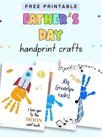 Text "free printable Father's Day handprint crafts" with a preview of three handprint craft printables