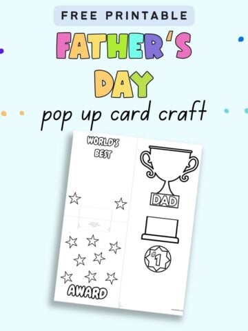 Text "Free printable Father's Day pop up card" with a preview of a pop up card printable page.