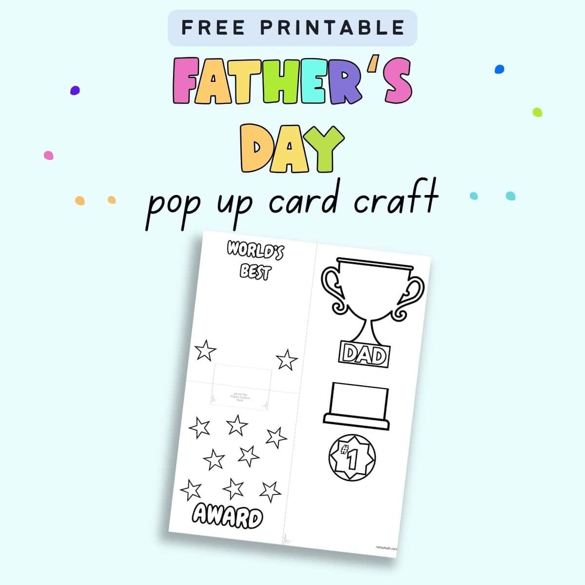 Text "Free printable Father's Day pop up card" with a preview of a pop up card printable page.