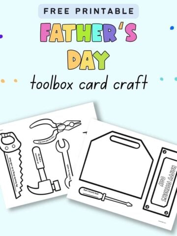 Text "free printable Father's Day toolbox card craft" with a preview of two printable pages to make a paper toolbox