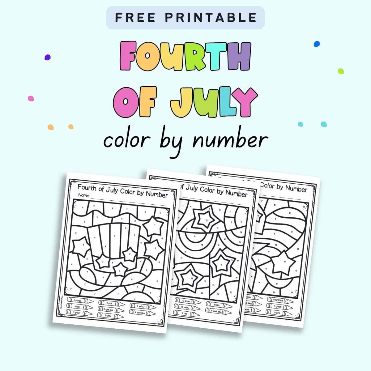 Text "free printable Fourth of July color by number" with a preview of three color by number pages.