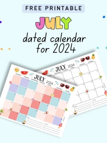 Text "free printable July dated calendar for 2024" with a preview of two July calendar pages dated for 2024.