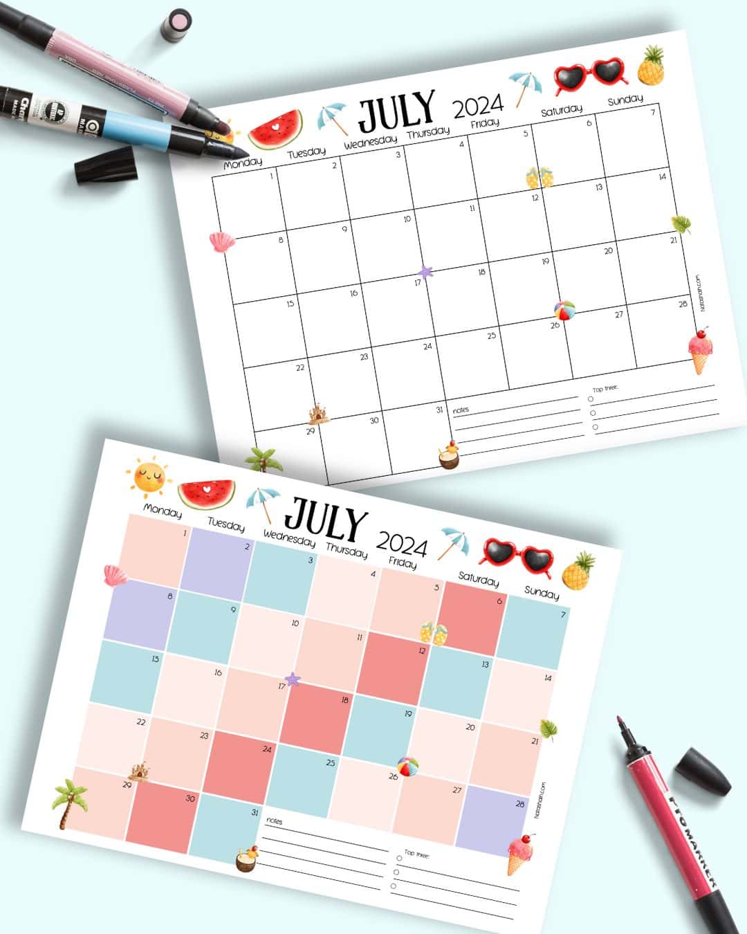 A preview of two July calendar pages dated for 2024.