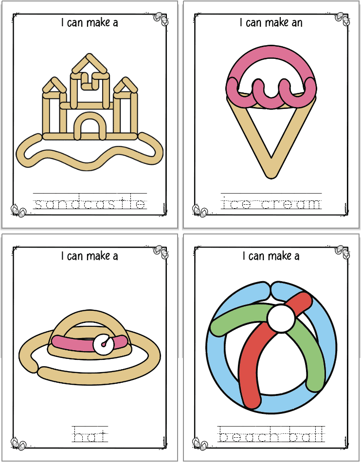 A preview of four summer themed play dough mats with an image to make in play dough and corresponding vocabulary words to trace. Images include: sandcastle, ice cream, hat, and beach ball