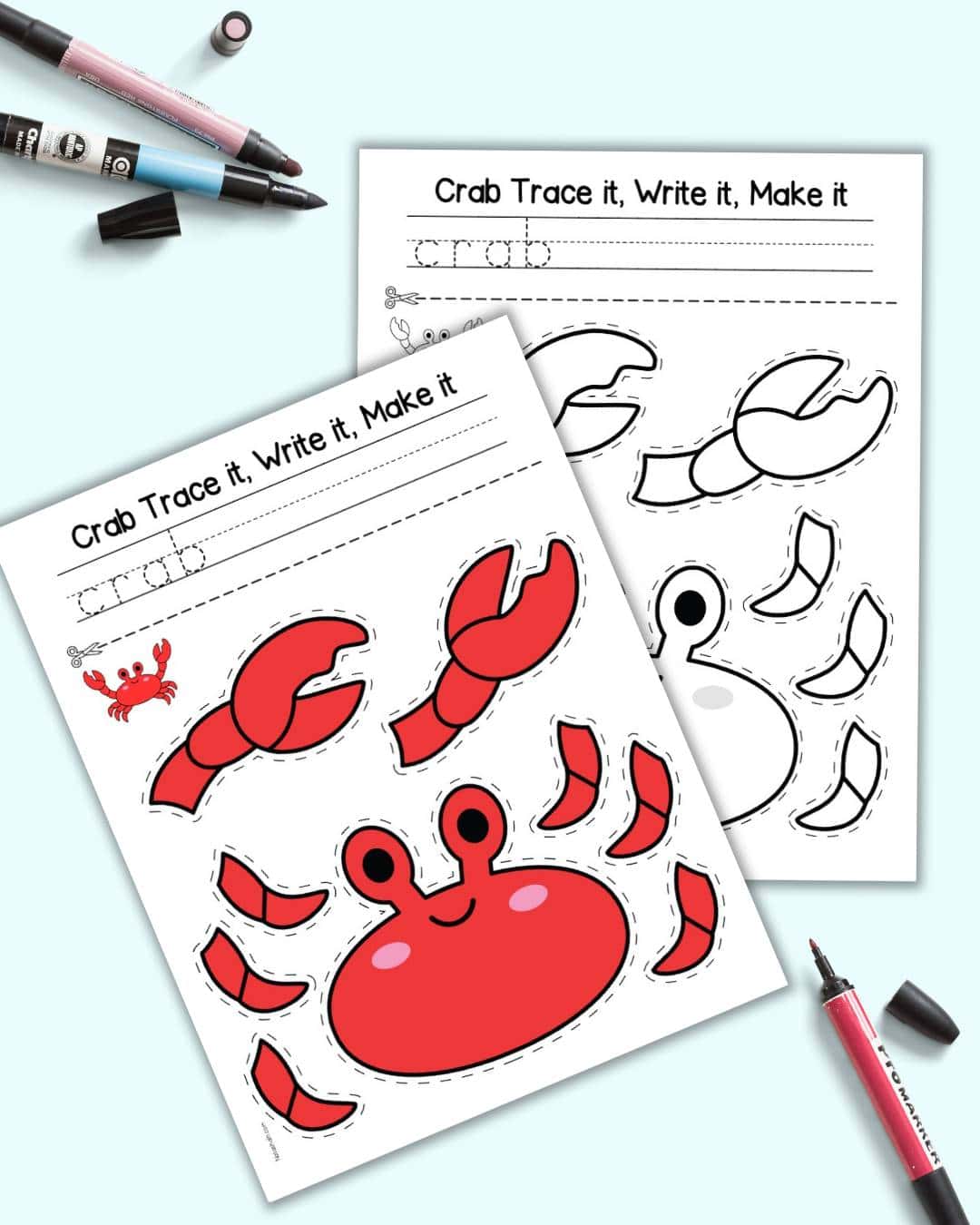 A preview of two printable pages of cut and paste crab craft. One is color and the other black and white.