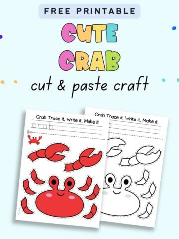 Text "Free printable cute crab cut and paste craft" with a preview of two printable pages of crab craft.