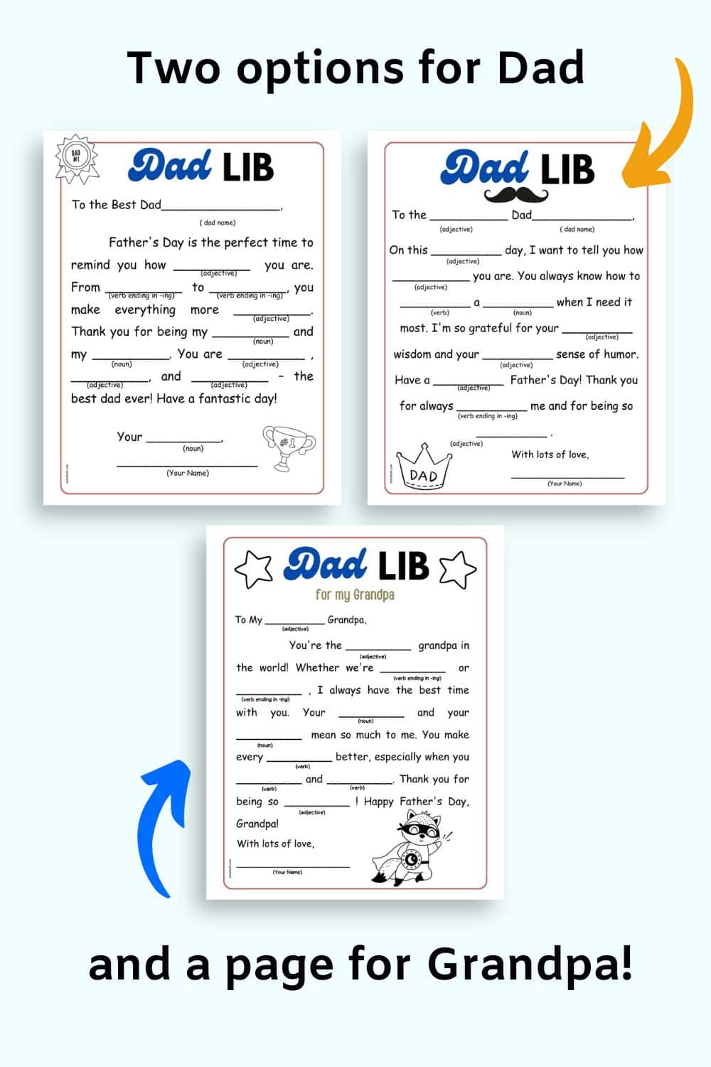 A preview of two mad libs printables for dads and one mad libs printable for grandfathers