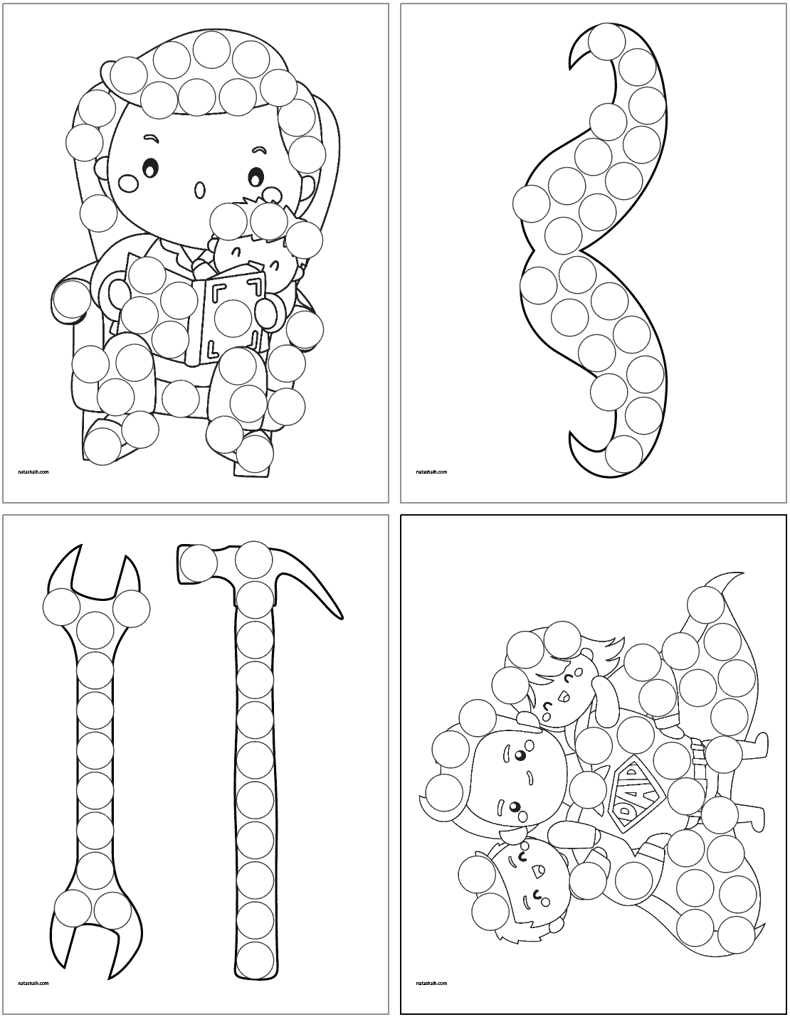 A preview of four Father's Day dot marker coloring pages for toddlers and preschoolers. Images include a dad reading, a mustache, a hammer and wrench, and a dad with two kids
