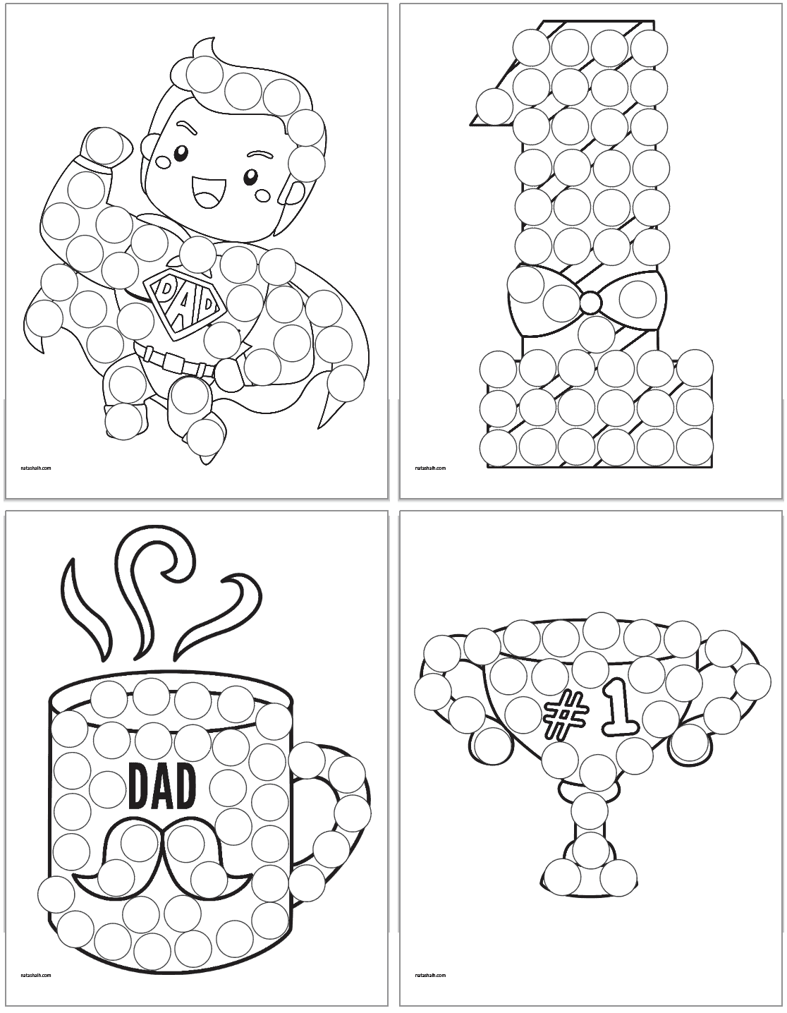 A preview of four Father's Day dot marker coloring pages for toddlers and preschoolers