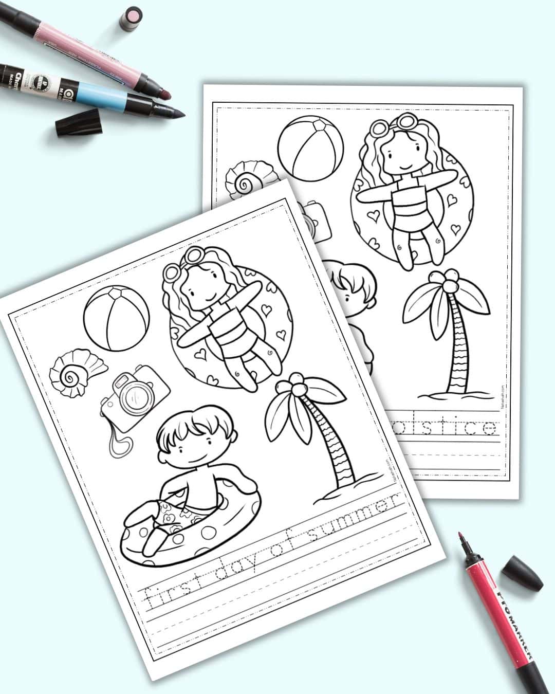 A preview of two printable pages. Each one has summer themed clip art with kids in pool floats and pool toys as a first day of summer coloring page. One has text "first day of summer" to trace and the other has "Summer Solstice" to trace.