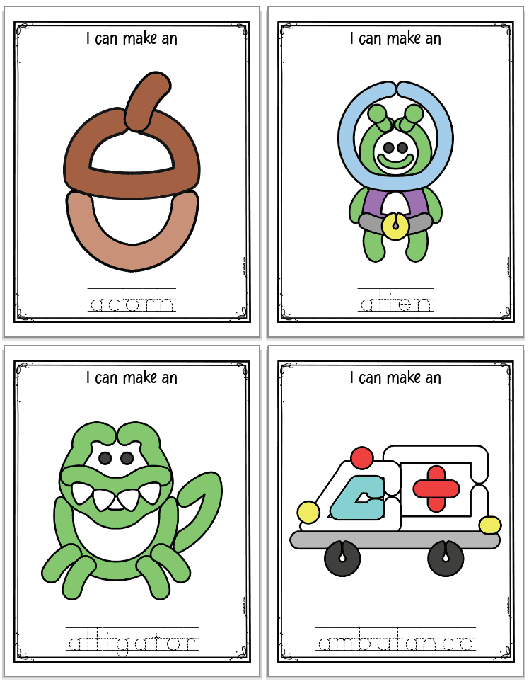 Four letter A alphabet play mats. Images include: acorn, alien, alligator, and ambulance