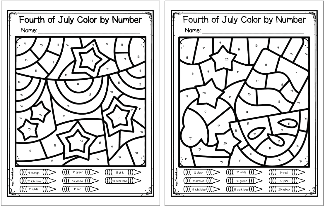 Two 4th of July themed color by number pages for kindergartners. 