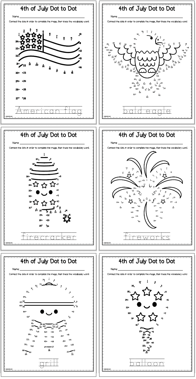 A preview of six pages of Fourth of July connect the dots worksheets for kids. Each page also has the related vocabulary word to trace. Images include: the American flag, a bald eagle, a firecracker, fireworks, a grill, and a balloon.
