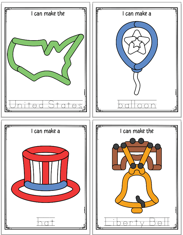 a preview of four Fourth of July themed play dough mats with images to make in play dough and corresponding vocabulary words to trace. Images include: United States, balloon, hat, and Liberty Bell