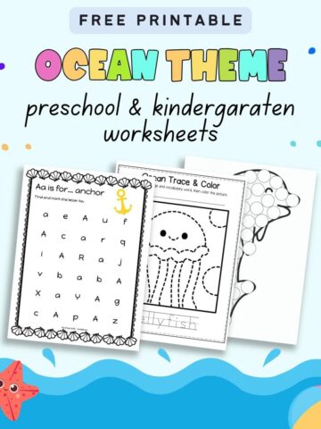 Text "free printable ocean theme preschool and kindergarten worksheets" with a preview of three worksheet pages