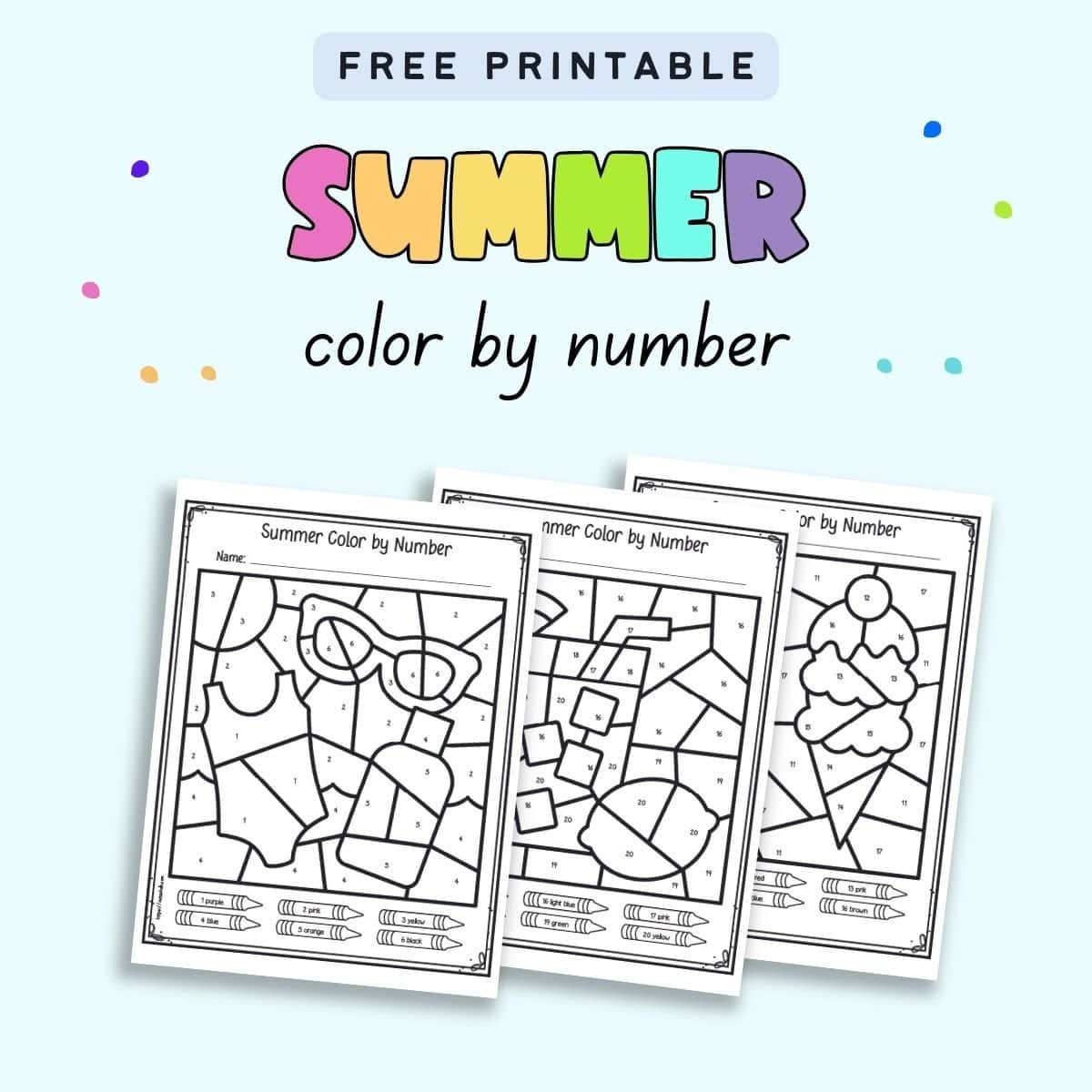 Text "free printable summer color by number" with a preview of three color by number pages.