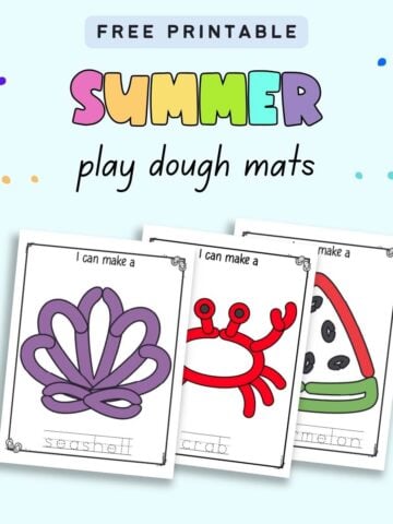 Text "free printable summer play dough mats" with a preview of three printable play dough mats with images to make and vocabulary words to trace.