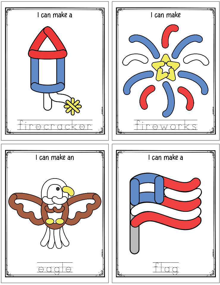a preview of four Fourth of July themed play dough mats with images to make in play dough and corresponding vocabulary words to trace. Images include: firecracker, fireworks, an eagle, and a flag