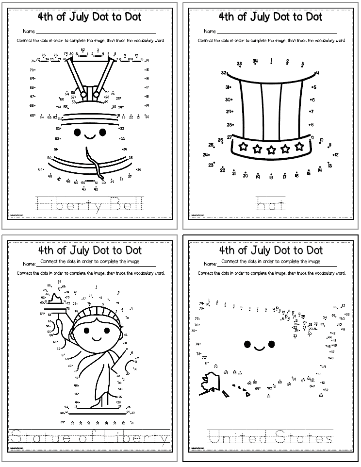A preview of four pages of Fourth of July connect the dots worksheets for kids. Each page also has the related vocabulary word to trace. Images include: the Statue of Liberty, a map of the US, the Liberty Bell, and a hat
