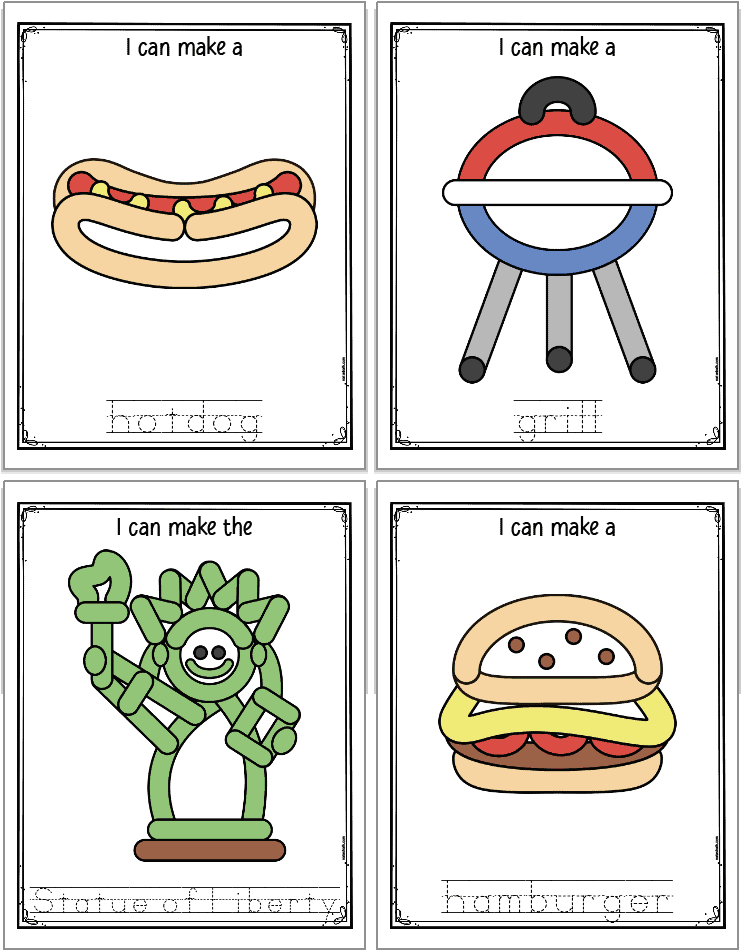 a preview of four Fourth of July themed play dough mats with images to make in play dough and corresponding vocabulary words to trace. Images include: hot dog, grill, Statue of Liberty, and hamburger