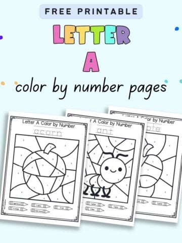 Text "free printable letter a color by number pages" with a. preview of three color by number pages with numbers 1-5