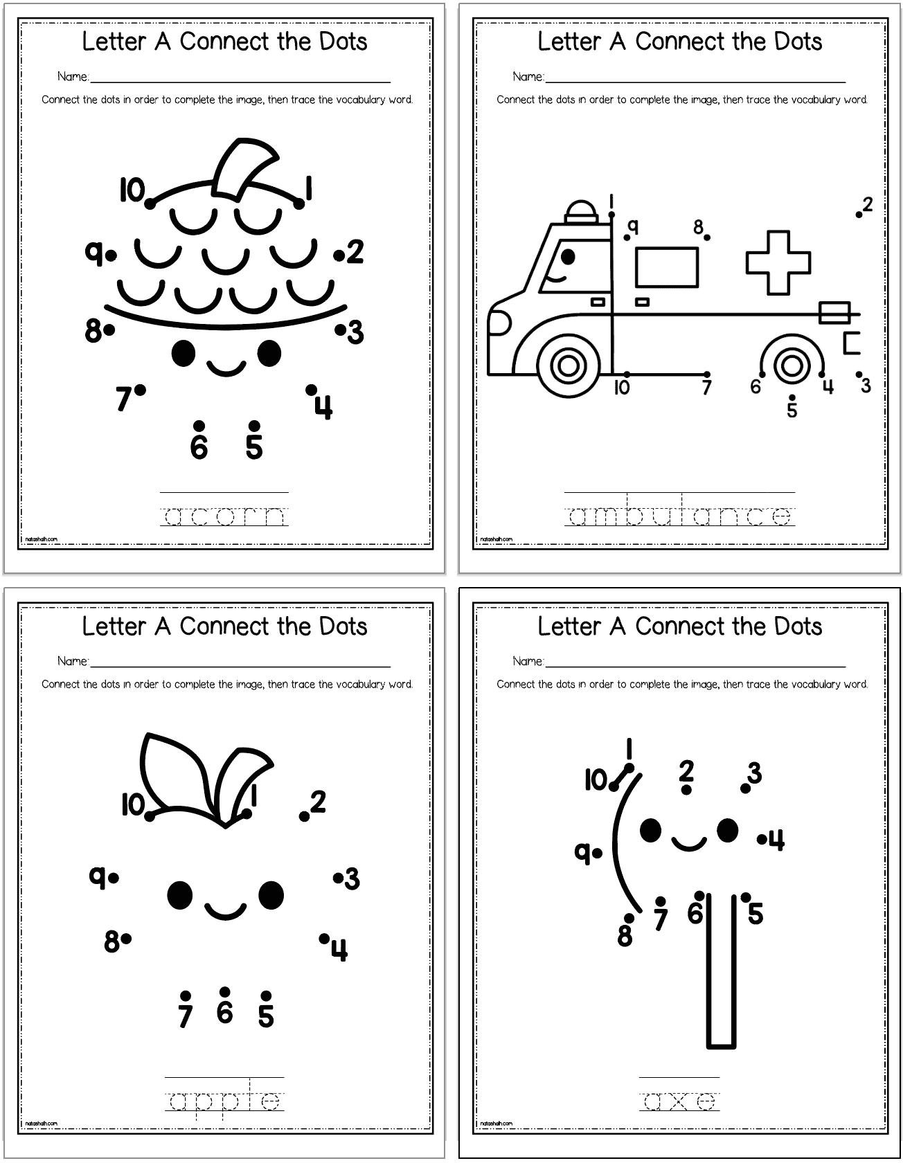 A preview of four connect the dots worksheets with numbers 1-10. Each page shows a picture of something starting with the letter a.
