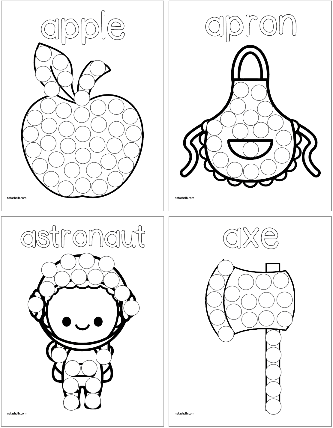 Four letter A dot marker pages. Images include: apple, apron, astronaut, and axe