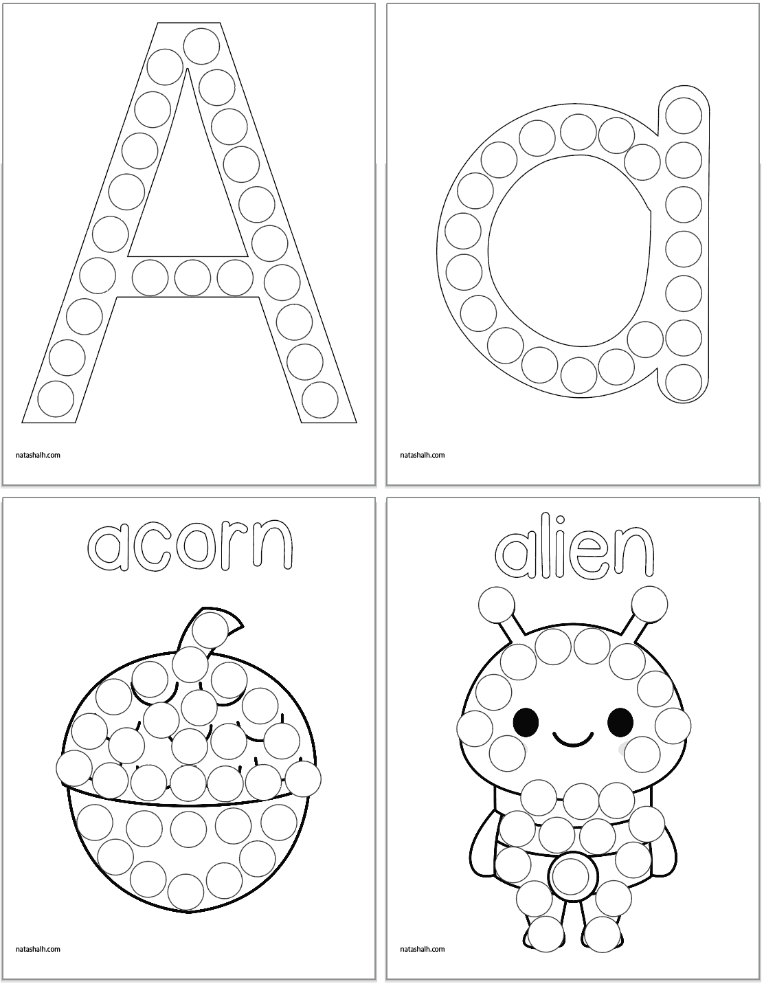 Four letter A dot marker pages. Images include: A, a, acorn, and alien