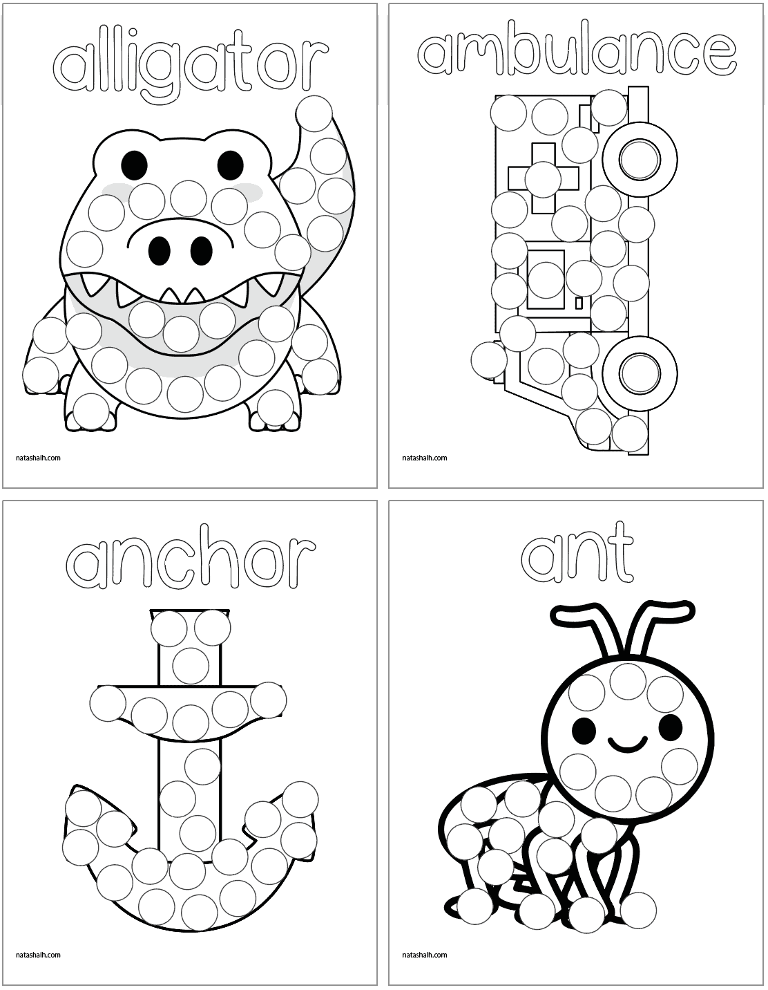 Four letter A dot marker pages. Images include: alligator, ambulance, anchor, and ant