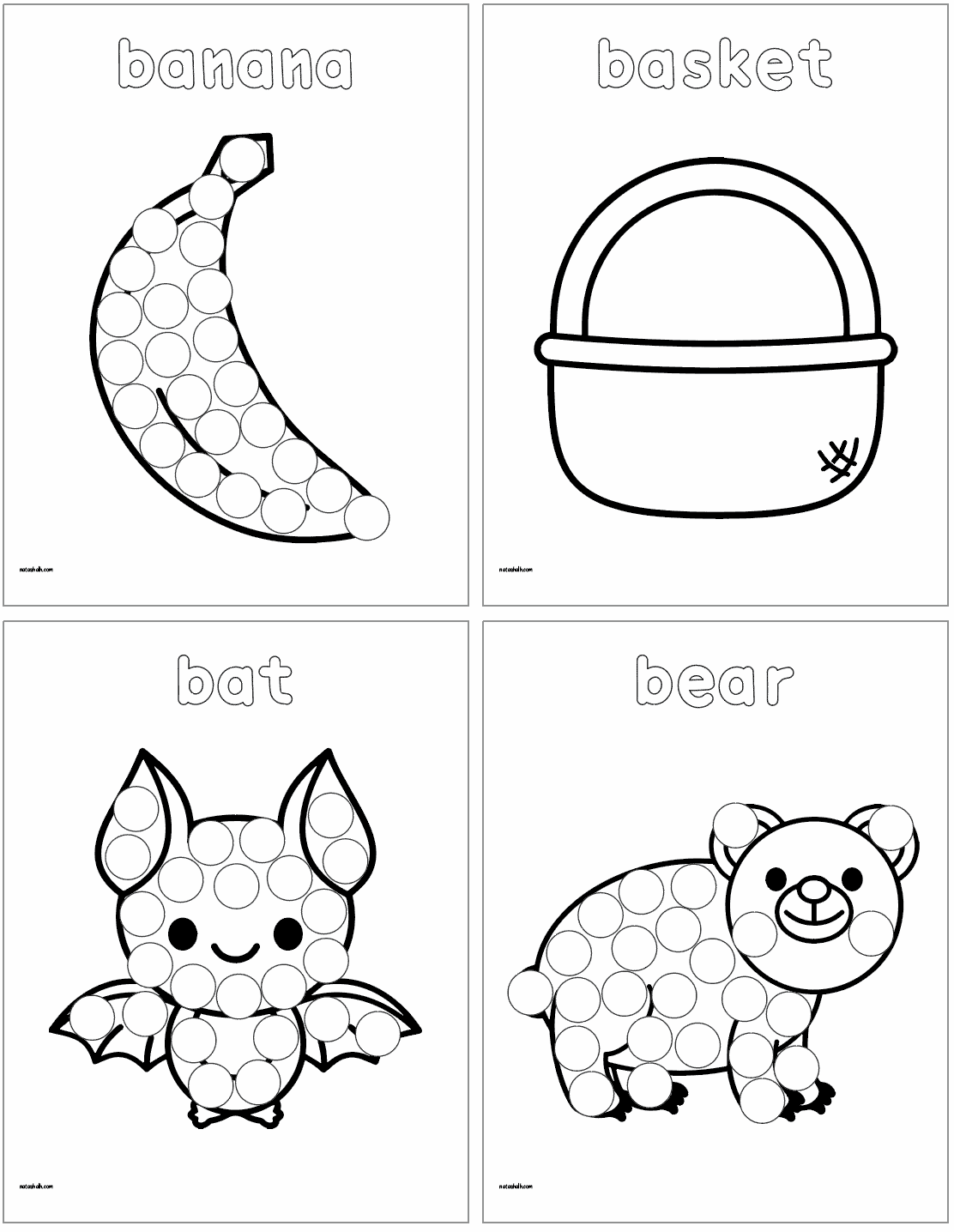 A preview of four letter b themed dot marker pages. They show: a banana, a basket, a bat, and a bear
