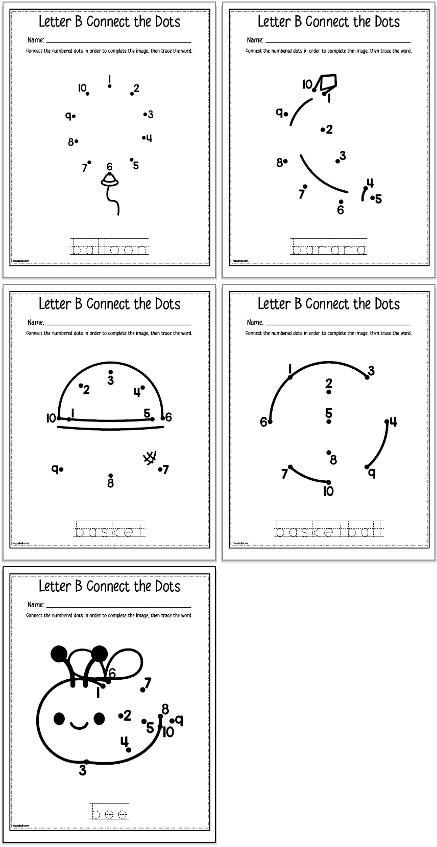 Five connect the dots worksheets with numbers 1-10 and images that begin with the letter b. Each page has the corresponding word in a dotted font to trace.