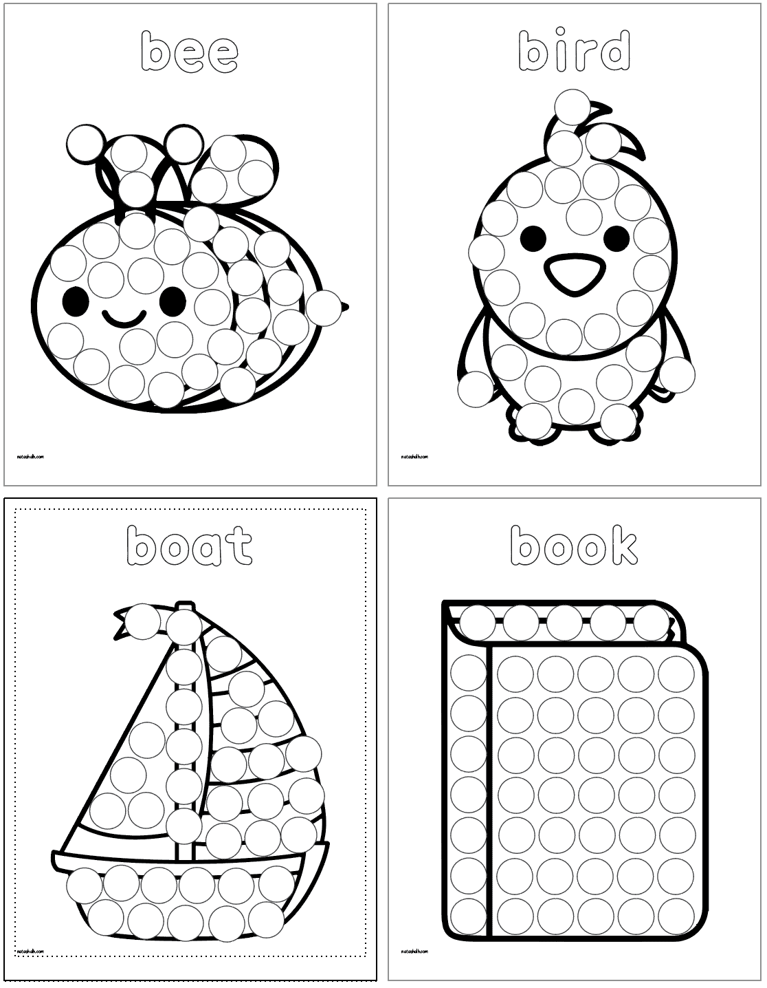 A preview of four letter b themed dot marker pages. They show: a bee, a bird, a boat, and a book